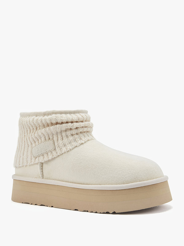 Fame Cream Suede Knitted Cuff Ankle Boots