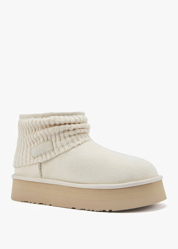 Fame Cream Suede Knitted Cuff Ankle Boots