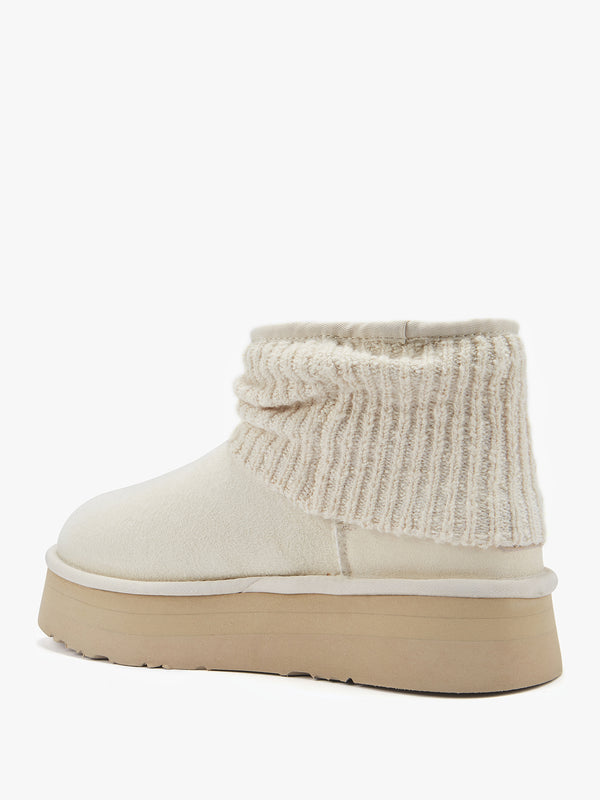 Fame Cream Suede Knitted Cuff Ankle Boots