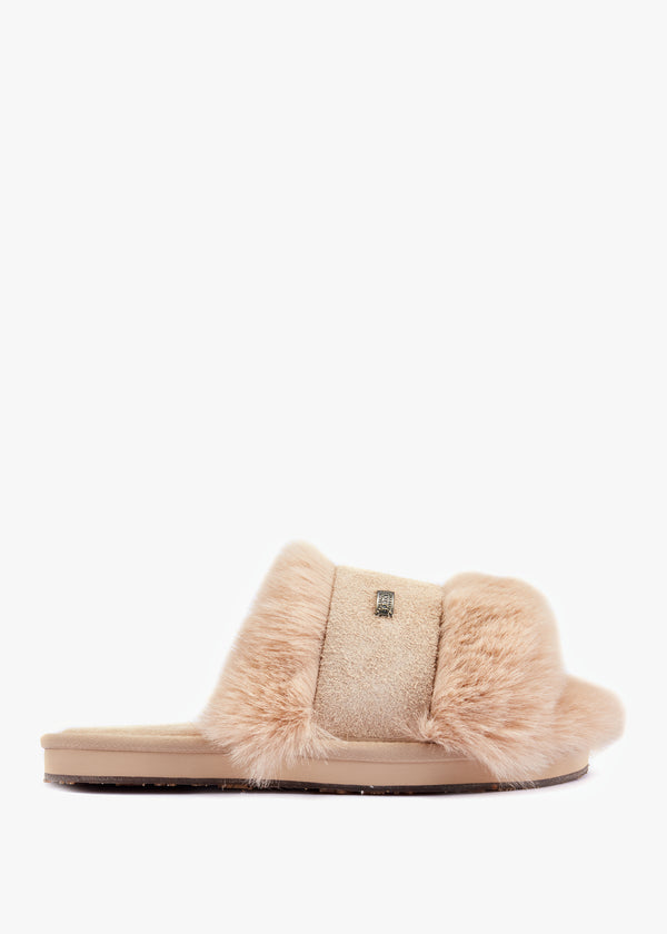 Muchas Luxe Beige Faux Fur Slippers