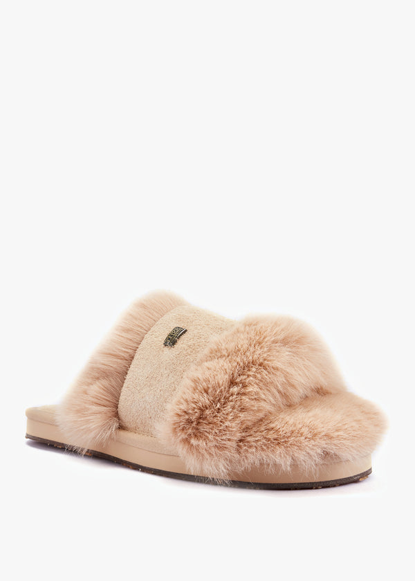 Muchas Luxe Beige Faux Fur Slippers