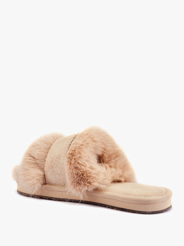 Muchas Luxe Beige Faux Fur Slippers