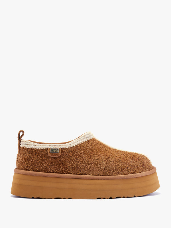 Outback Trim Tan Suede Platform Slippers
