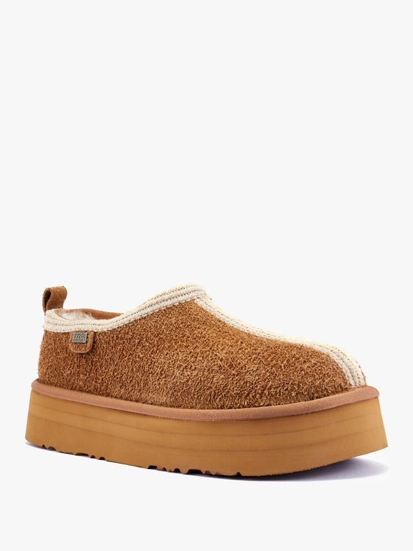 Outback Trim Tan Suede Platform Slippers
