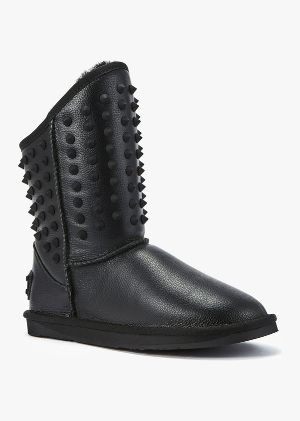 Pistol Black Leather Studded Sheepskin Boots