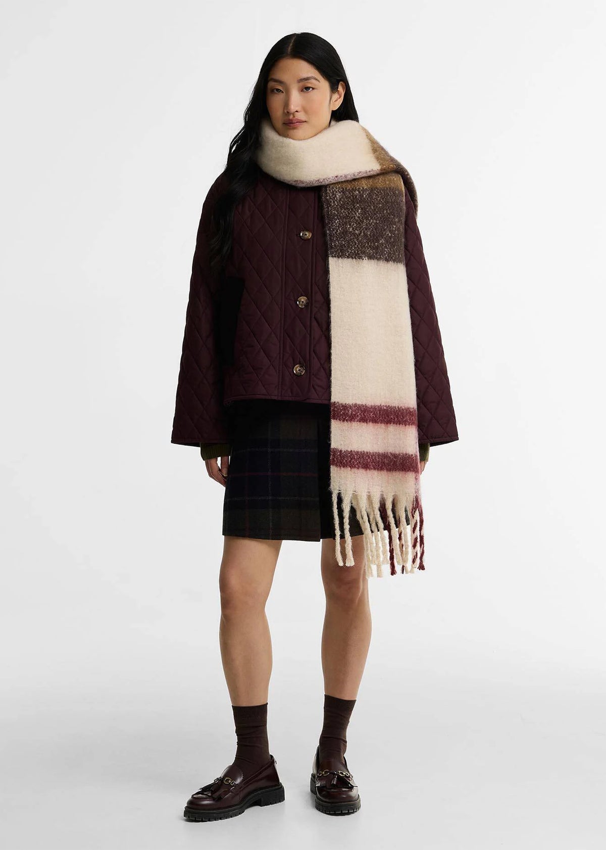 Barbour Isla Ecru Muted Tartan Bouclé Scarf
