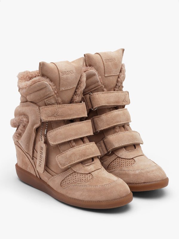 Bronx JAE-YY Beige Suede Shearling High Top Wedge Trainers
