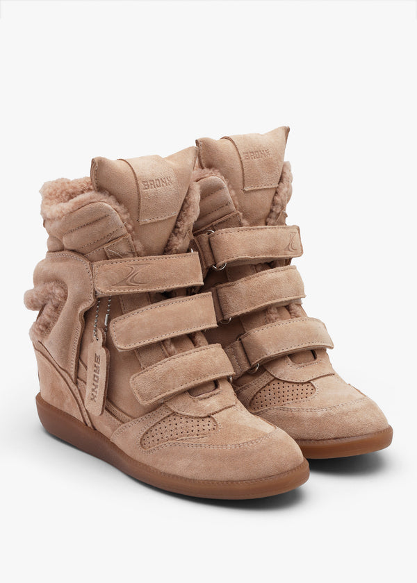 Bronx JAE-YY Beige Suede Shearling High Top Wedge Trainers
