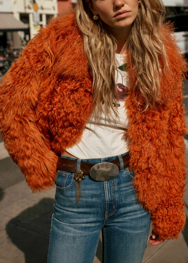CHARLOTTE SIMONE Clementine Cinnamon Shearling Lambswool Trim Jacket