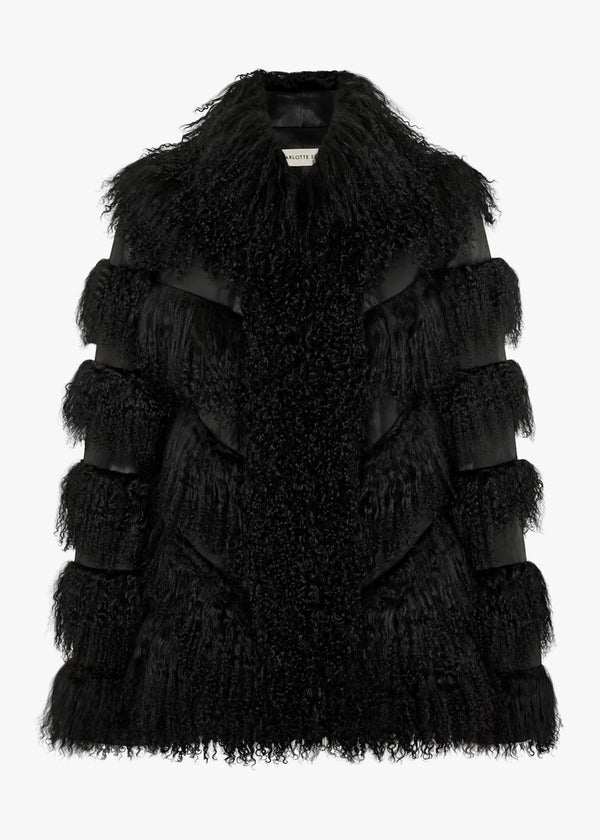 CHARLOTTE SIMONE Lila Black Faux Leather Lambswool Trim Jacket