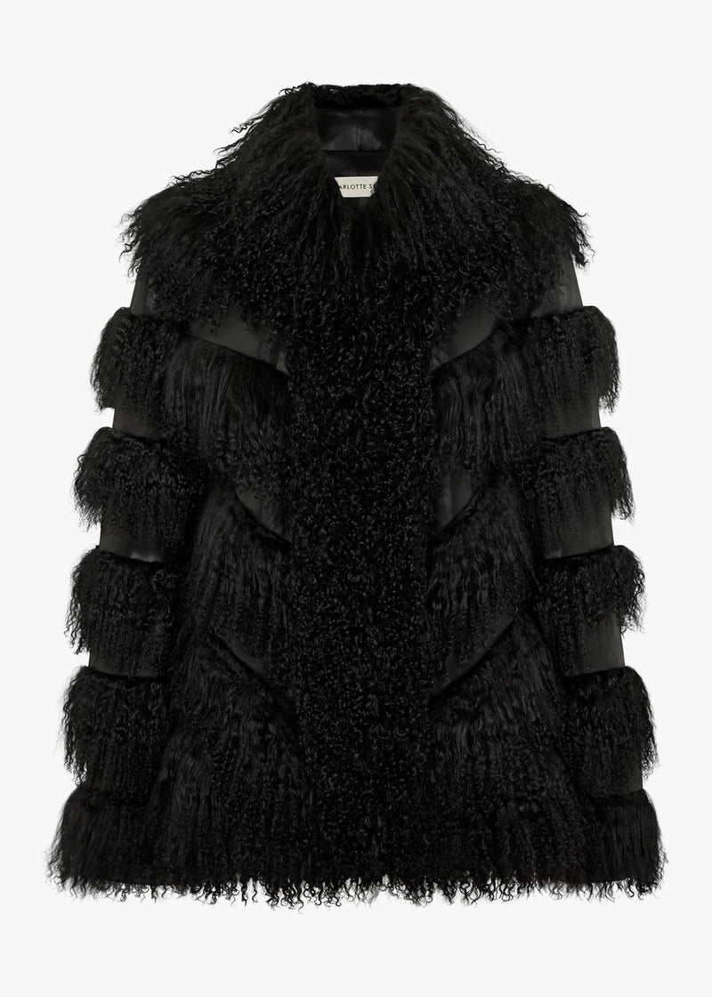 CHARLOTTE SIMONE Lila Black Faux Leather Lambswool Trim Jacket