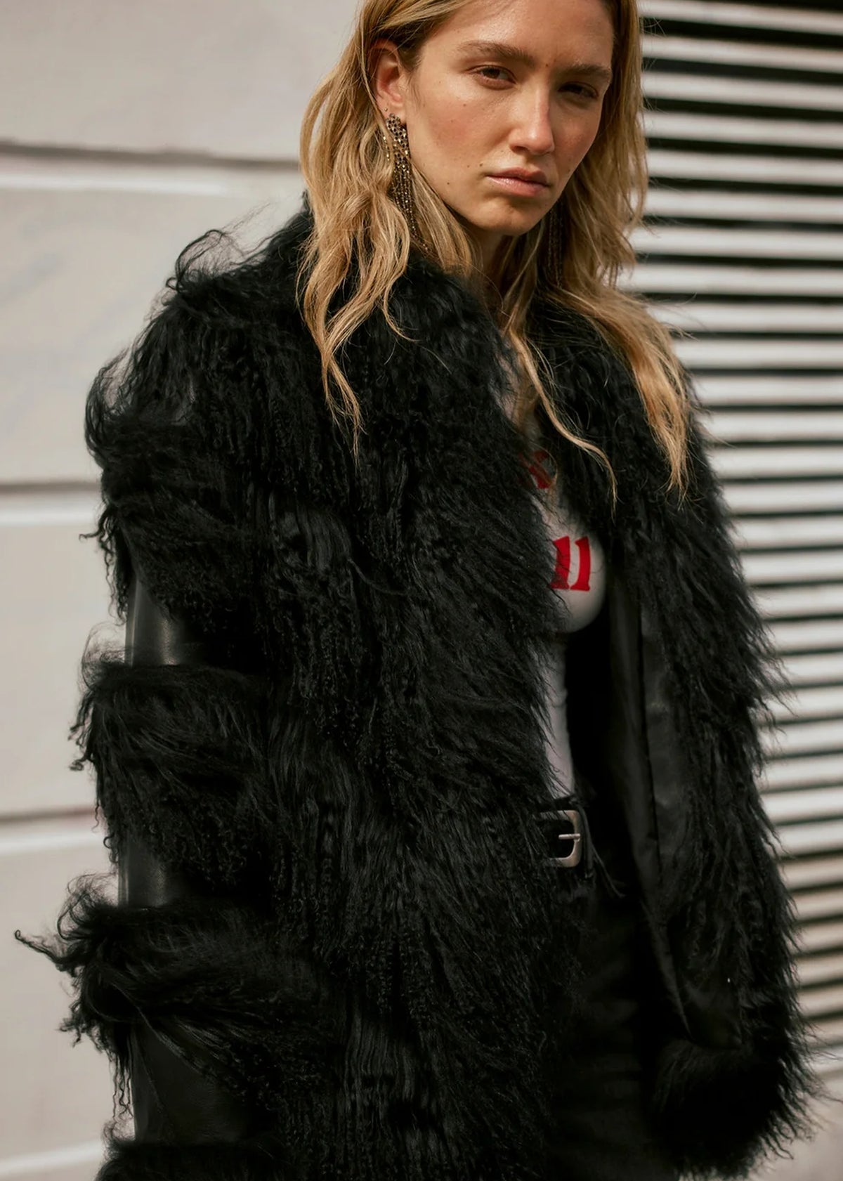 Lila Black Faux Leather Lambswool Trim Jacket