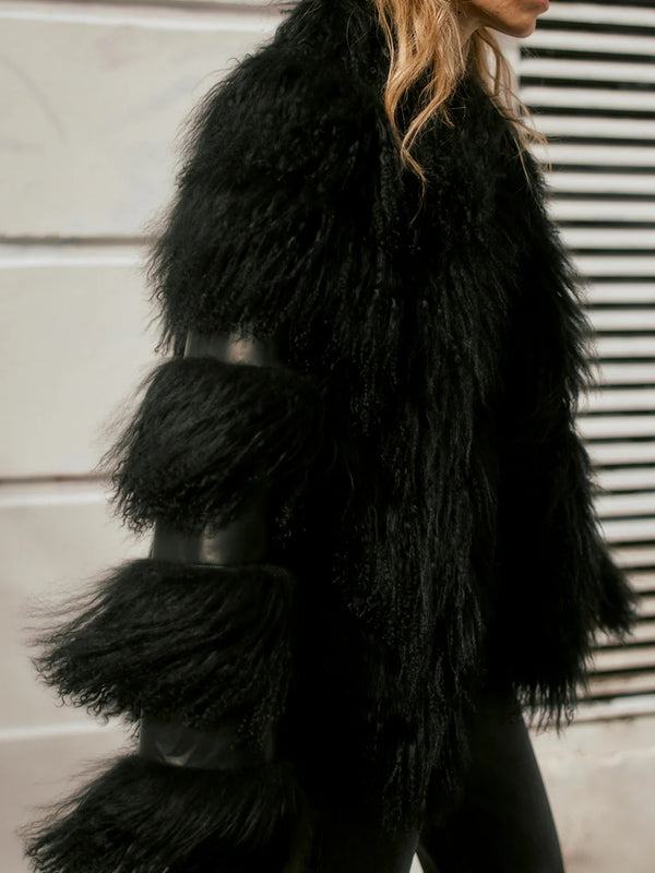 Lila Black Faux Leather Lambswool Trim Jacket