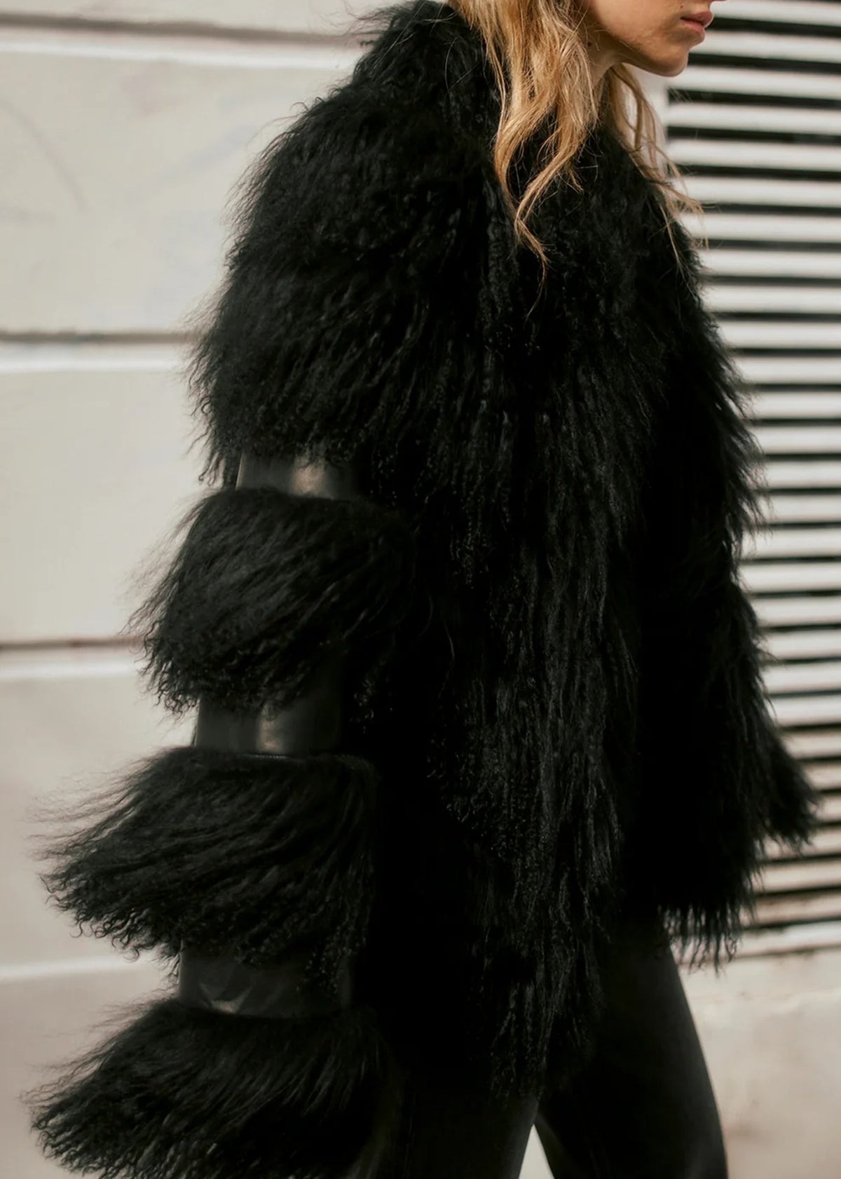 Lila Black Faux Leather Lambswool Trim Jacket