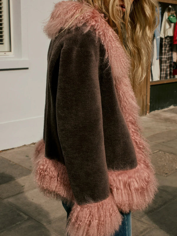 Olive Chocolate and Strawberry Milk Mongolian Trim Jacket