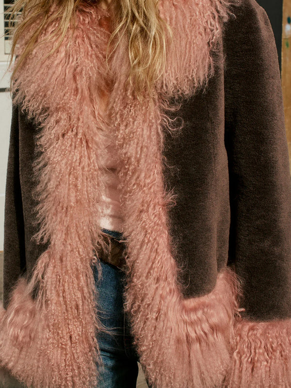 Olive Chocolate and Strawberry Milk Mongolian Trim Jacket