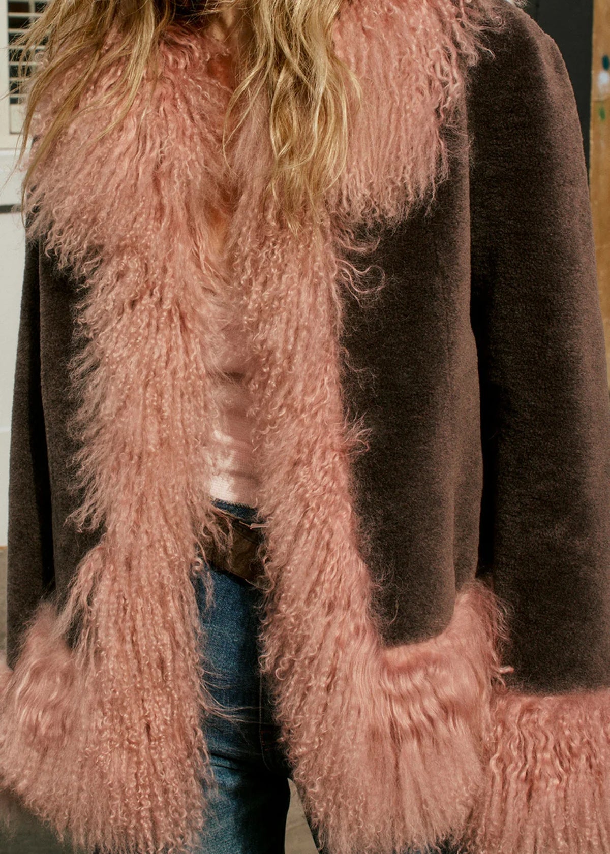 Olive Chocolate and Strawberry Milk Mongolian Trim Jacket