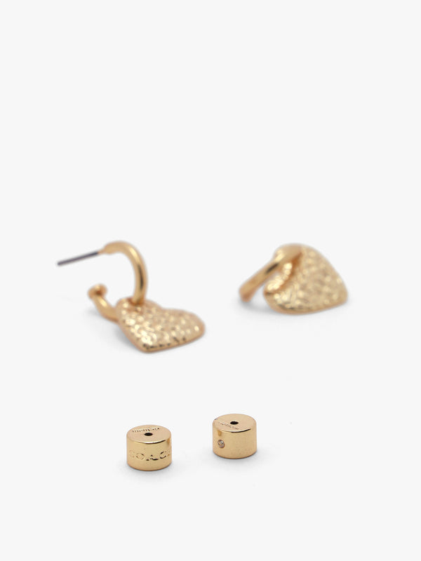 Textured C Logo Heart Drop Gold Huggie Hoops