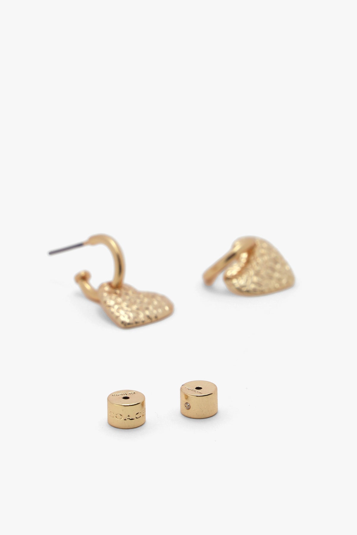 Coach Textured C Logo Heart Drop Gold Huggie Hoops