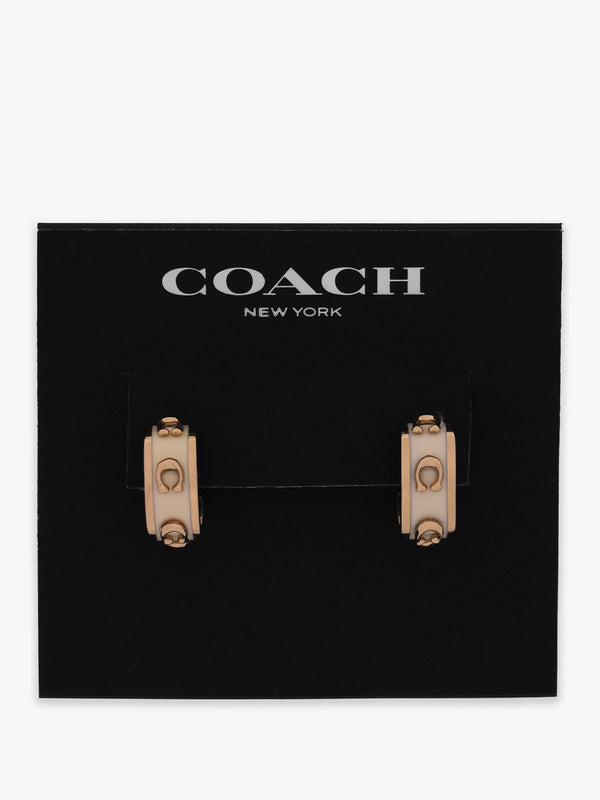 Enamel Pegged C White & Gold Hoop Earrings