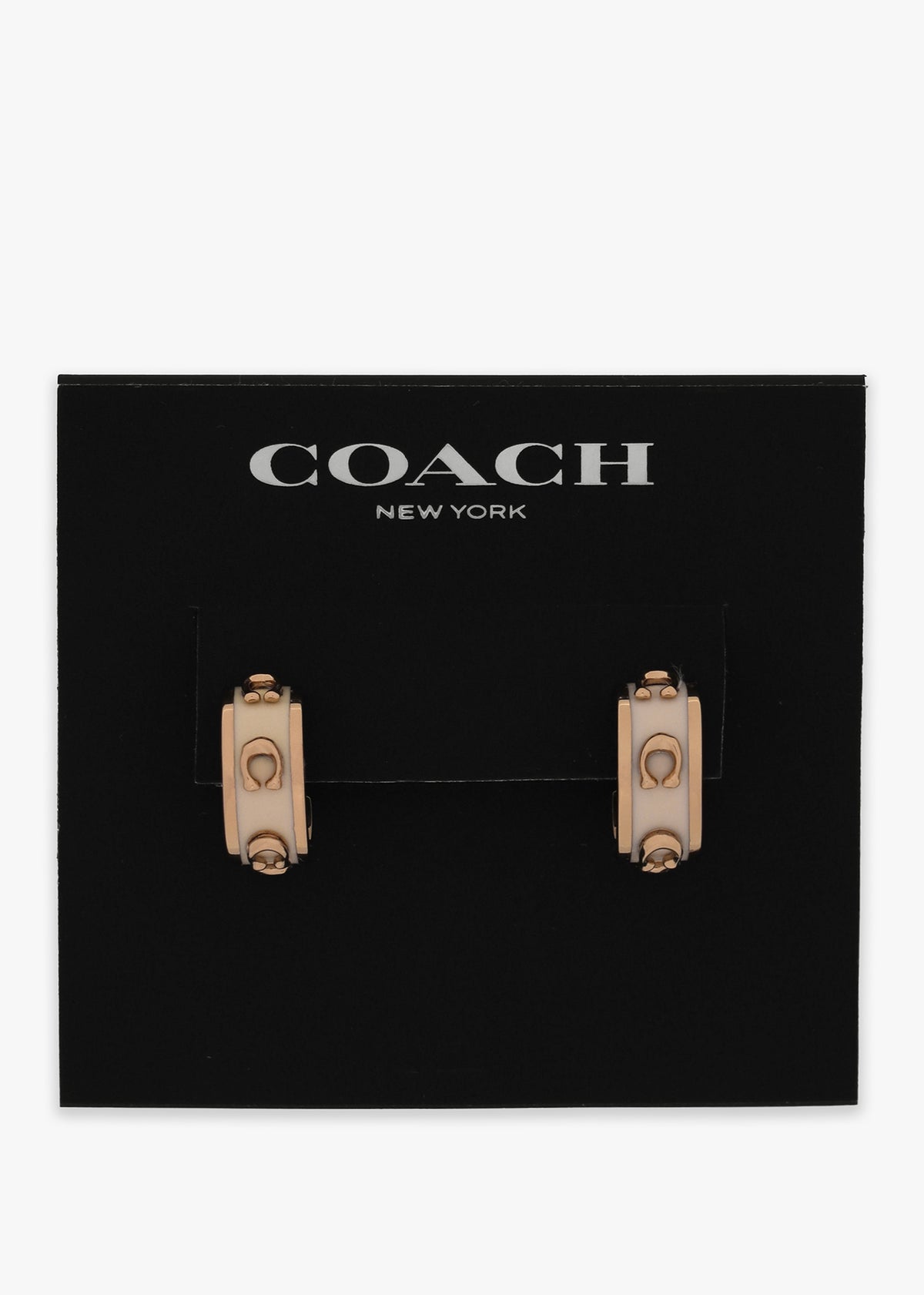 Enamel Pegged C White & Gold Hoop Earrings