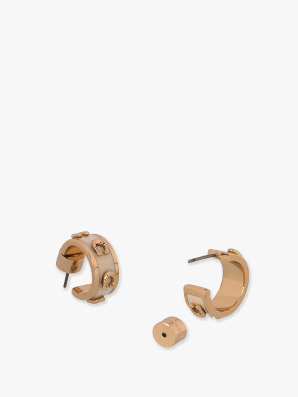 Enamel Pegged C White & Gold Hoop Earrings