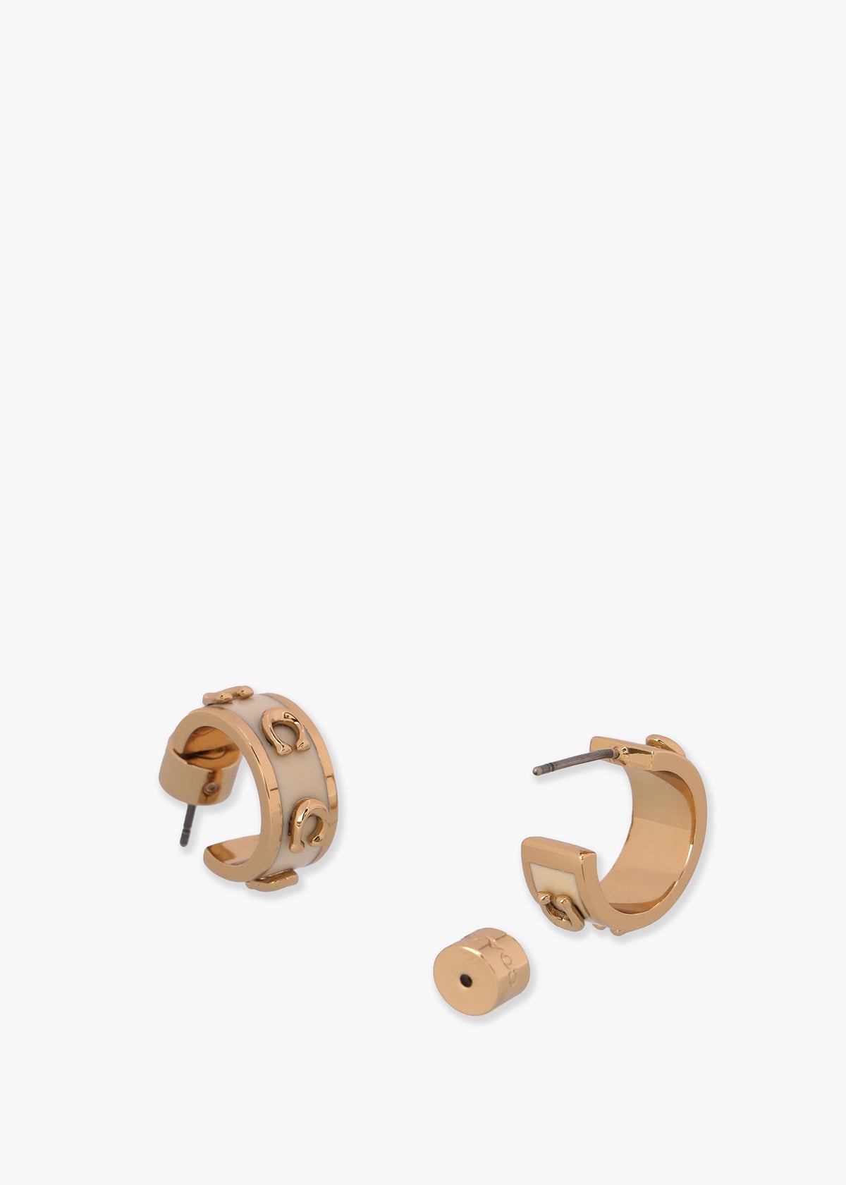 Enamel Pegged C White & Gold Hoop Earrings
