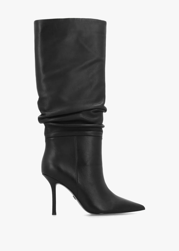 Daniel Emerge Black Leather Ruched High Heel Knee Boots