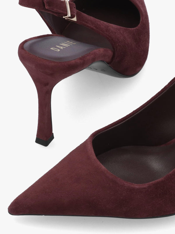 Daniel Enjoy Burgundy Suede Mid Heel Sling Back Court Shoes