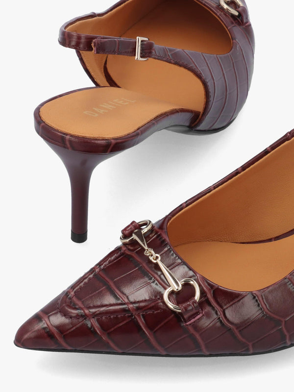 Daniel Epping Burgundy Croc Leather Mid Heel Sling Back Shoes
