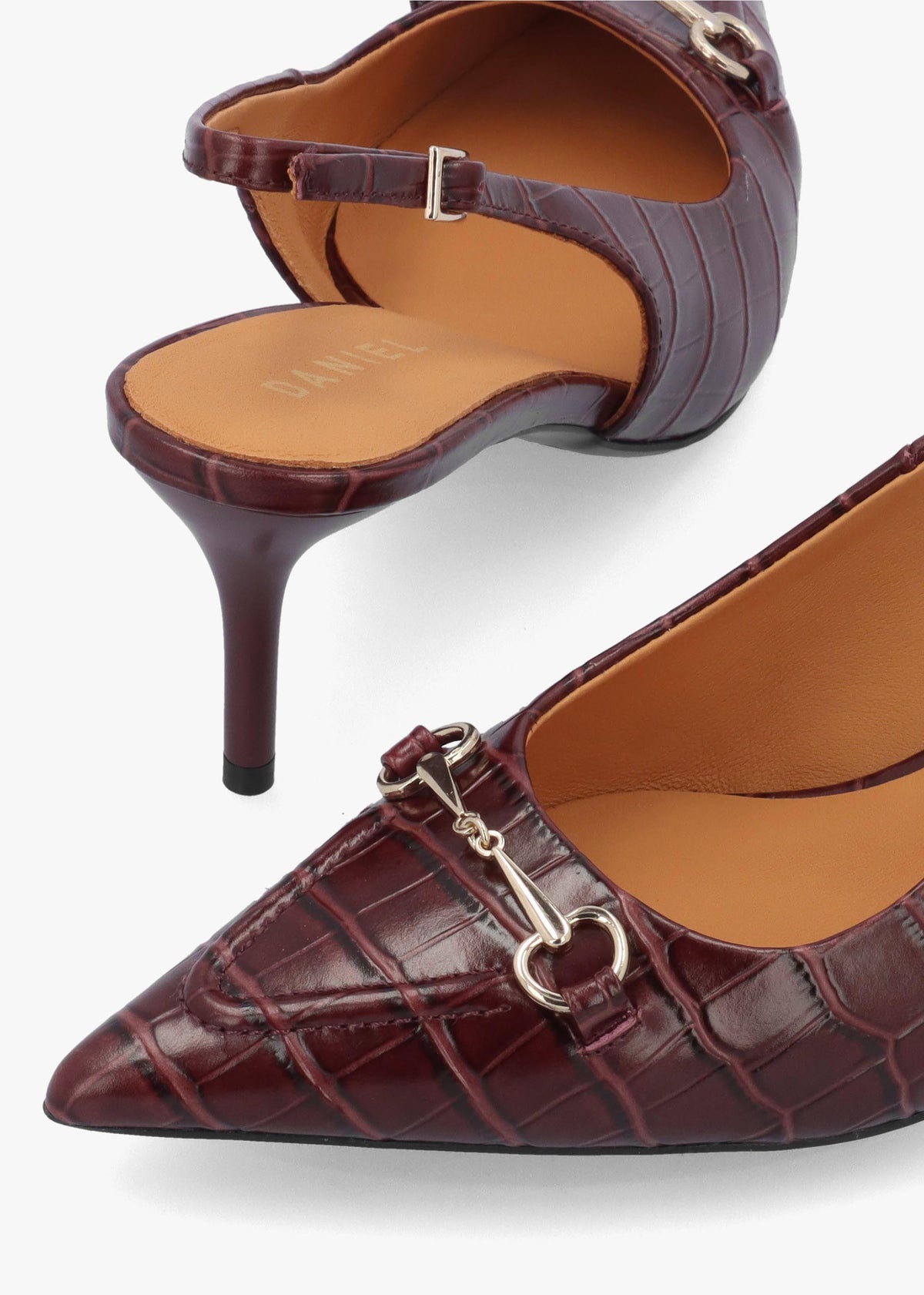 Daniel Epping Burgundy Croc Leather Mid Heel Sling Back Shoes
