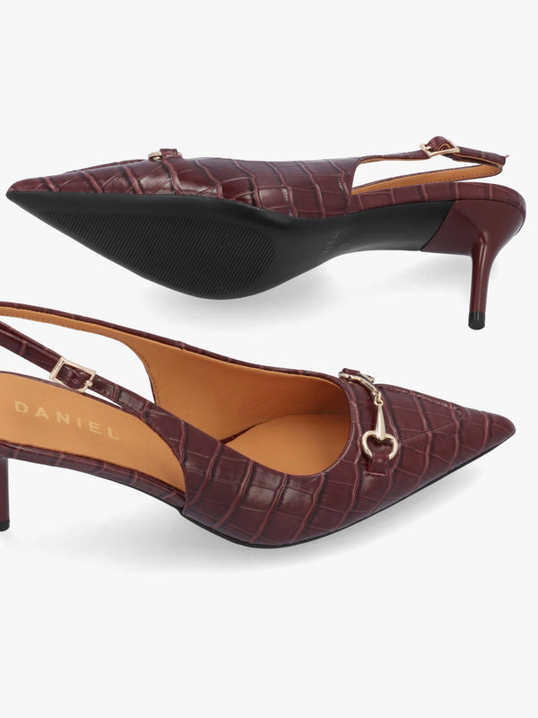 Daniel Epping Burgundy Croc Leather Mid Heel Sling Back Shoes
