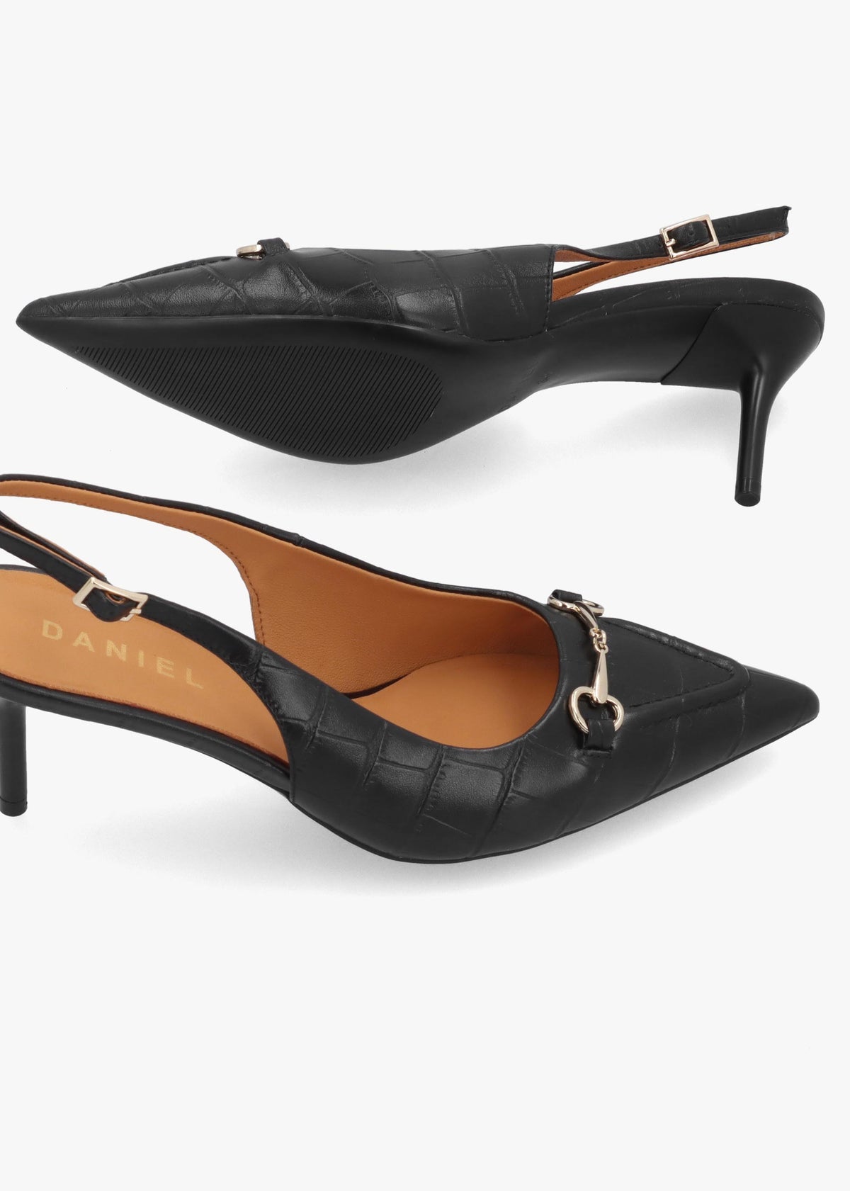 Daniel Epping Black Croc Leather Mid Heel Sling Back Shoes