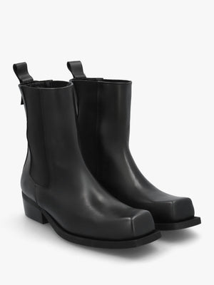 Daniel Black Leather Square Toe Stacked Heel Chelsea Boots