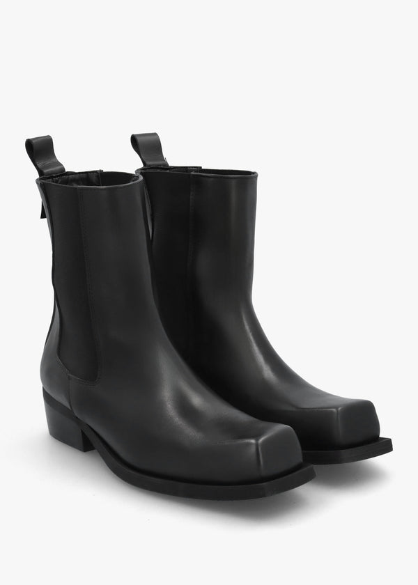 Daniel Black Leather Square Toe Stacked Heel Chelsea Boots
