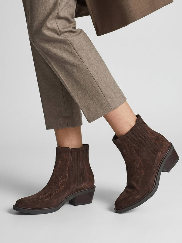 Ikes Brown Suede Embroidered Western Ankle Boots