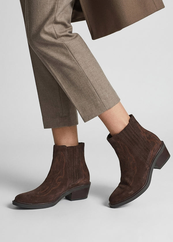 Ikes Brown Suede Embroidered Western Ankle Boots