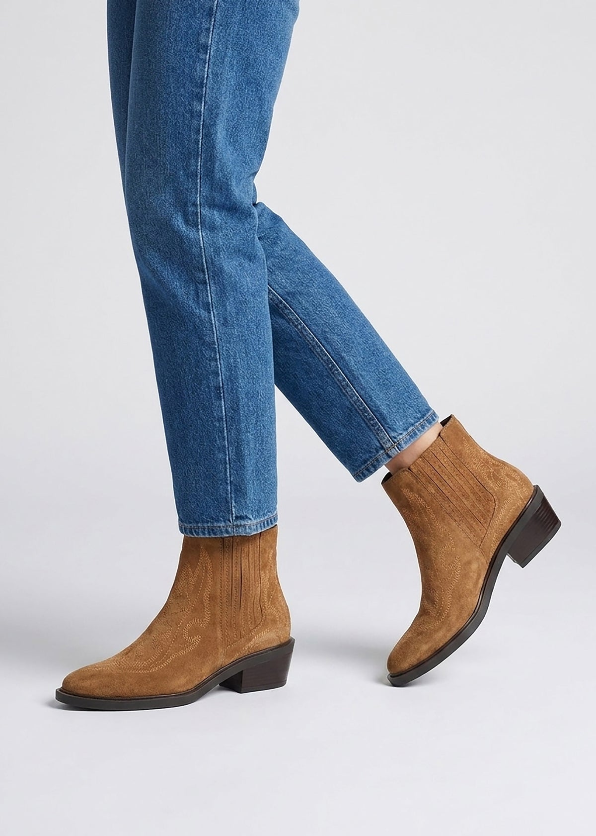 Ikes Tan Suede Embroidered Western Ankle Boots