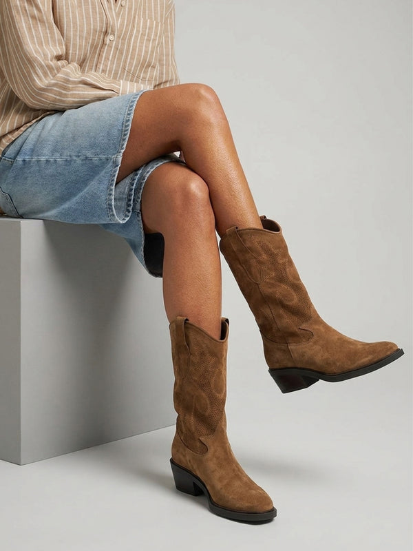 Daniel Irana Tan Suede Western Calf Boots