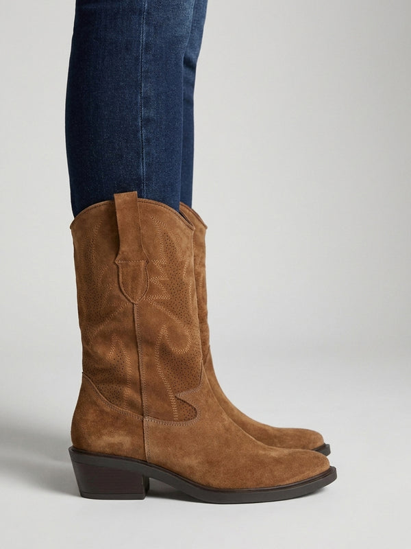 Irana Tan Suede Western Calf Boots