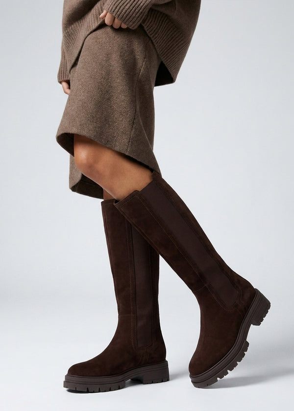 Daniel Issa Brown Suede Knee High Chelsea Boots