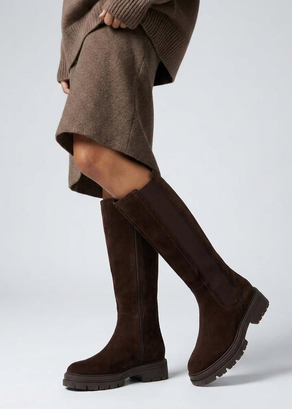 Daniel Issa Brown Suede Knee High Chelsea Boots