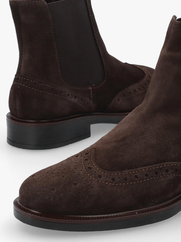 Logue Dark Brown Suede Brogue Chelsea Boots