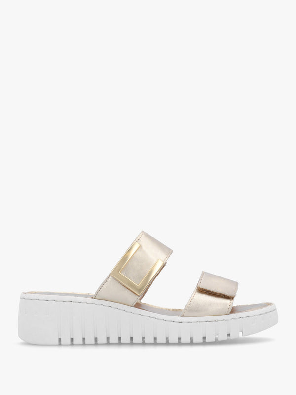 Daniel Lorli Gold Leather Two Strap Low Wedge Sandals