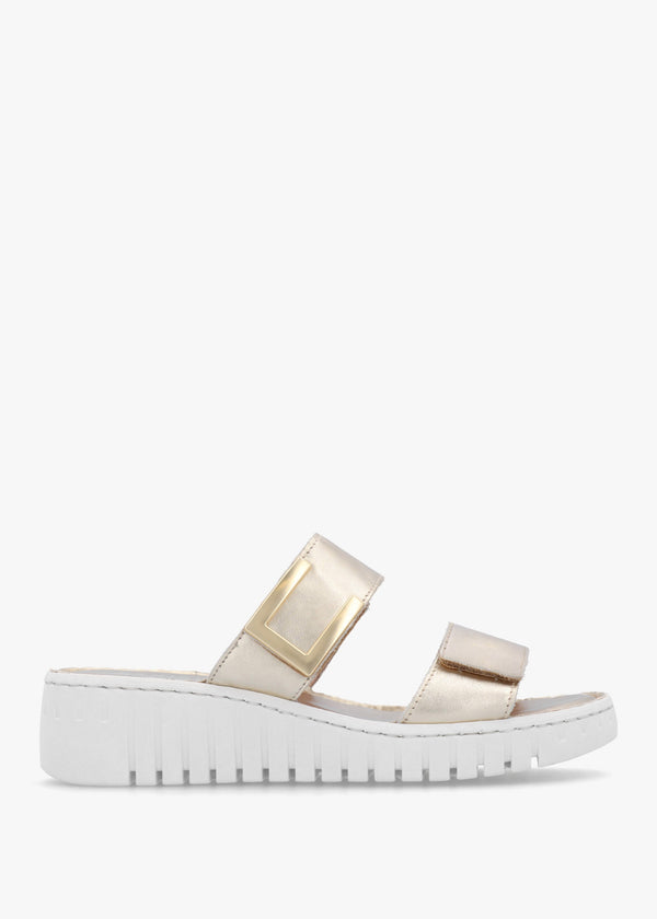 Daniel Lorli Gold Leather Two Strap Low Wedge Sandals