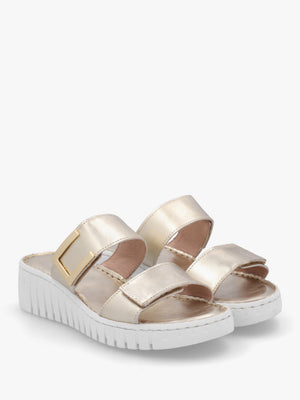 Daniel Lorli Gold Leather Two Strap Low Wedge Sandals