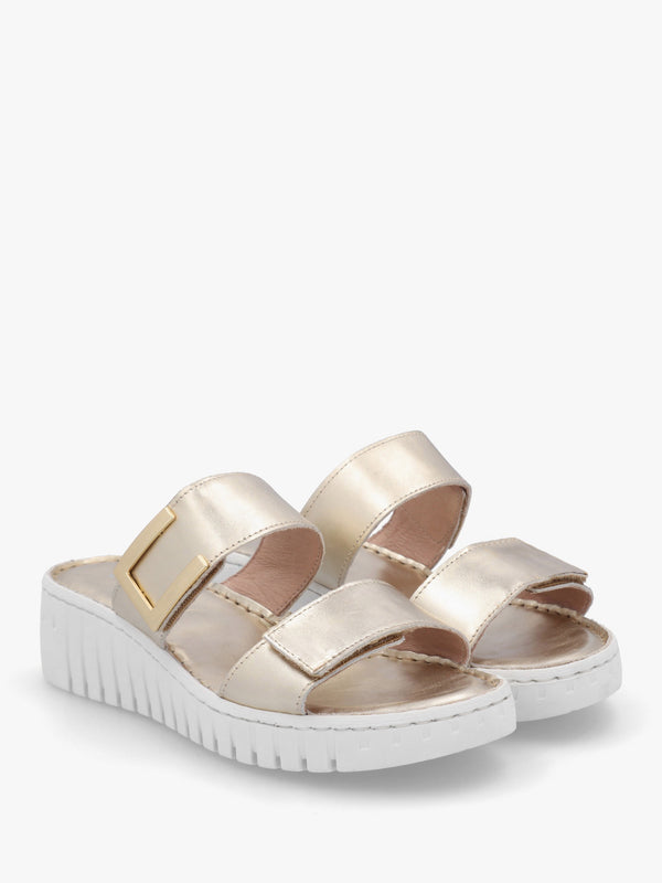 Daniel Lorli Gold Leather Two Strap Low Wedge Sandals