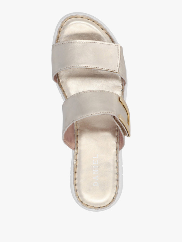 Daniel Lorli Gold Leather Two Strap Low Wedge Sandals