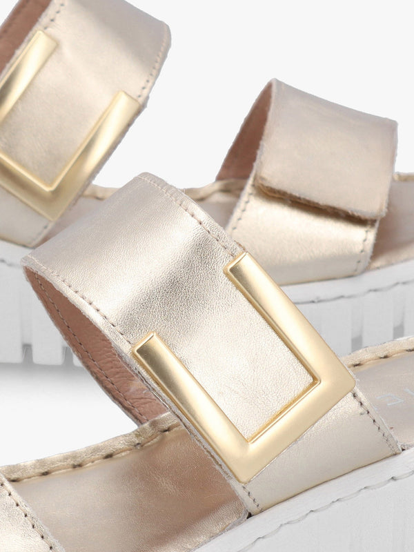 Daniel Lorli Gold Leather Two Strap Low Wedge Sandals
