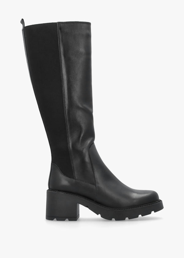 Luxor Black Leather Block Heel Knee Boots